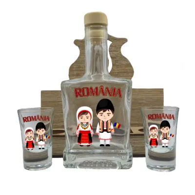 Port popular tarani, romania, suport din lemn cu sticla si 2 pahare, model hgs057